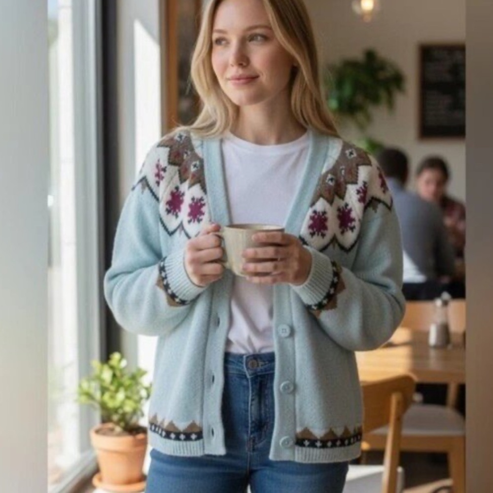 Bailey 44 seafoam fair isle Patterned Cardigan in size medium